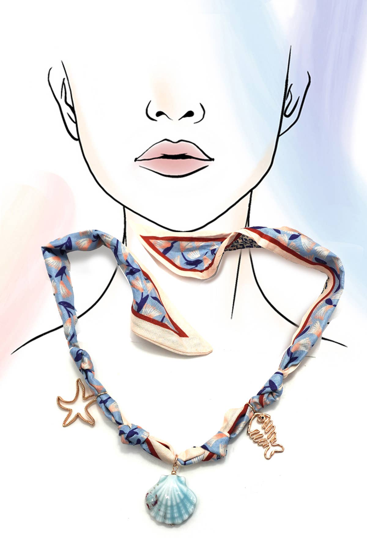 SCARF CHARM NECKLACE-CERAMIC SEASHELL STARFISH | GOLD