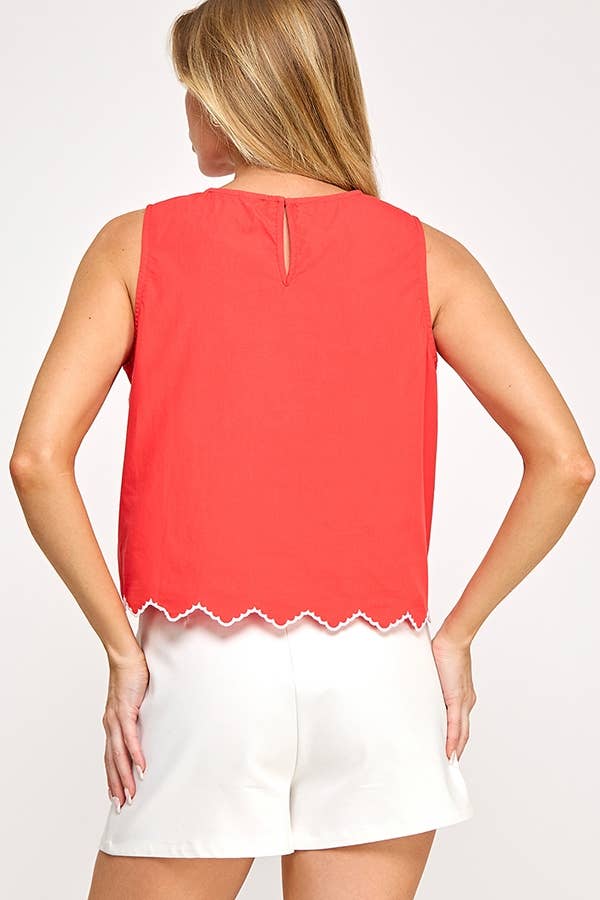 Floral Embroidery Sleeveless Top - Tomato Red