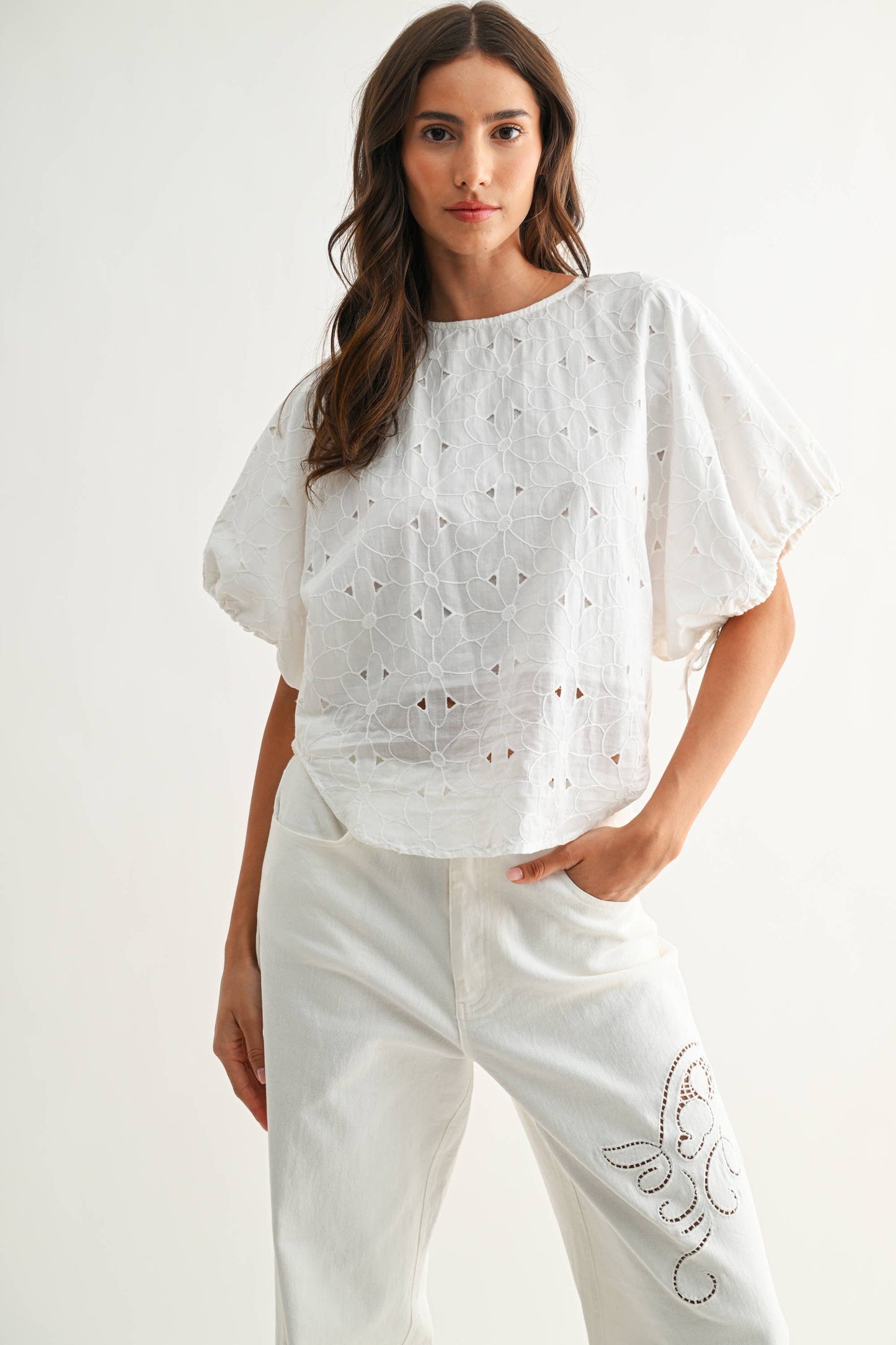 Embroidered White Cotton Blouse: OFF WHITE