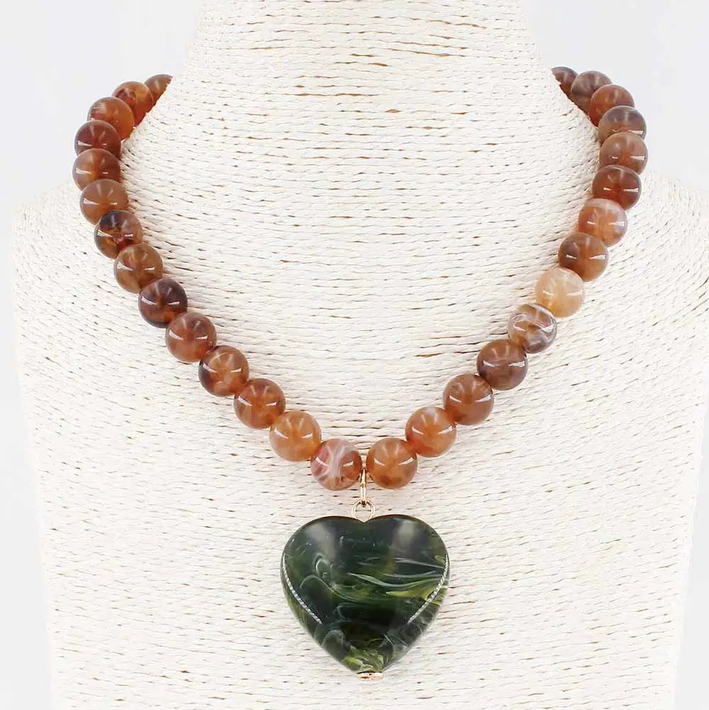 Brown Beaded Necklace - Olive Heart