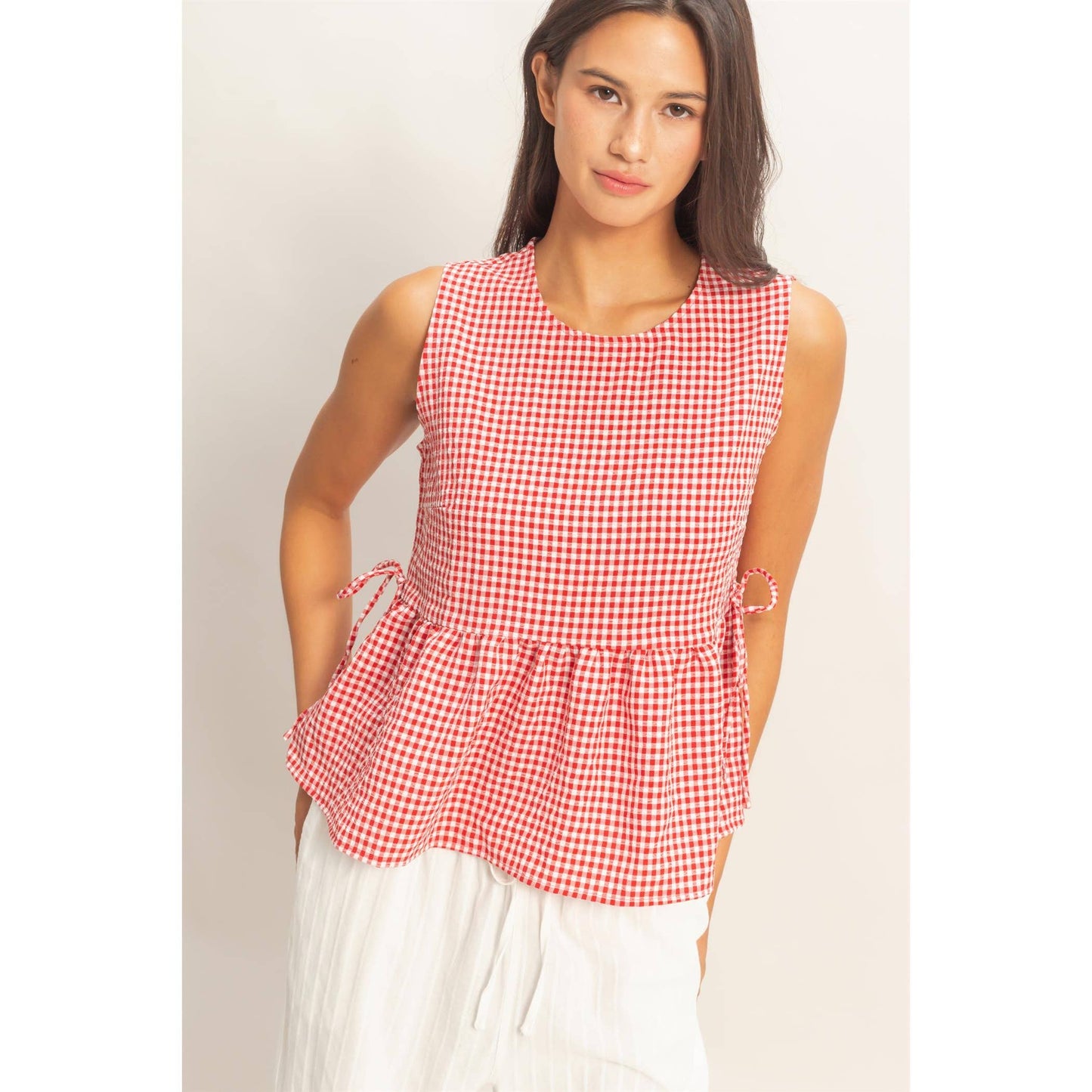Gingham Sleeveless Peplum Top With Side Ties: RED