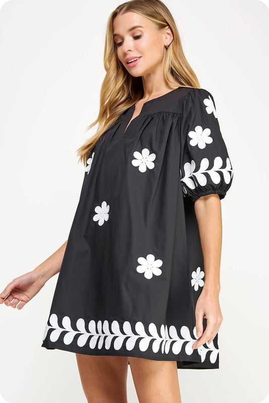 Flower Embroidery Cotton Mini Dress: Black