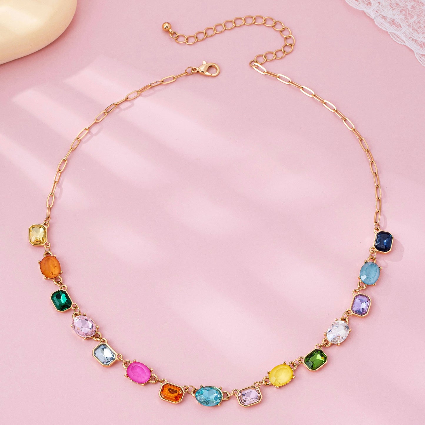 Multicolor Gemstone Link Necklace | Gold