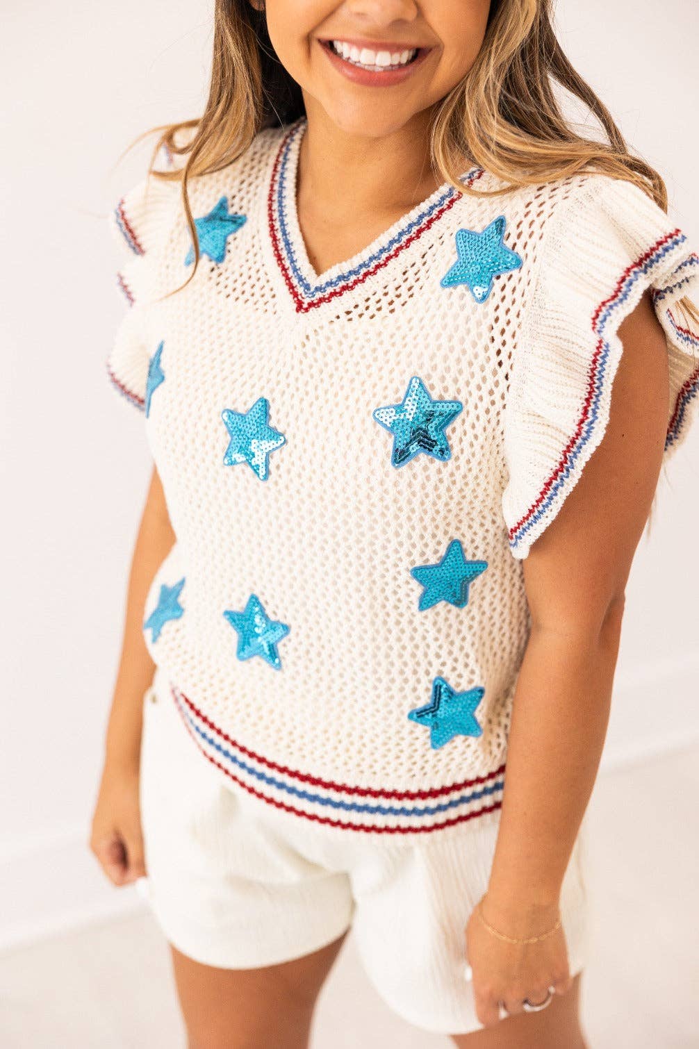 Knit Vest With Sequin Stars Patches: Beige