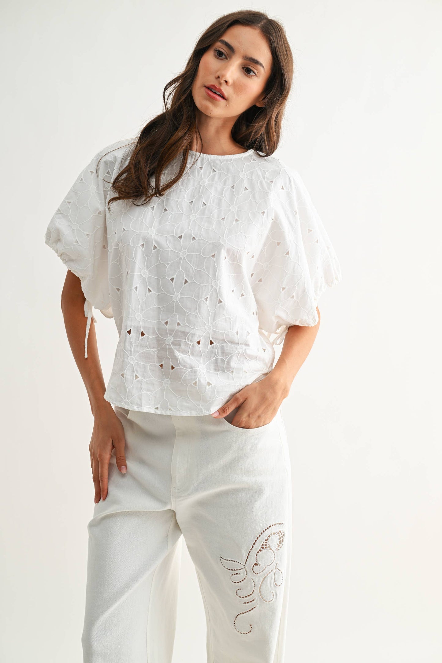Embroidered White Cotton Blouse: OFF WHITE