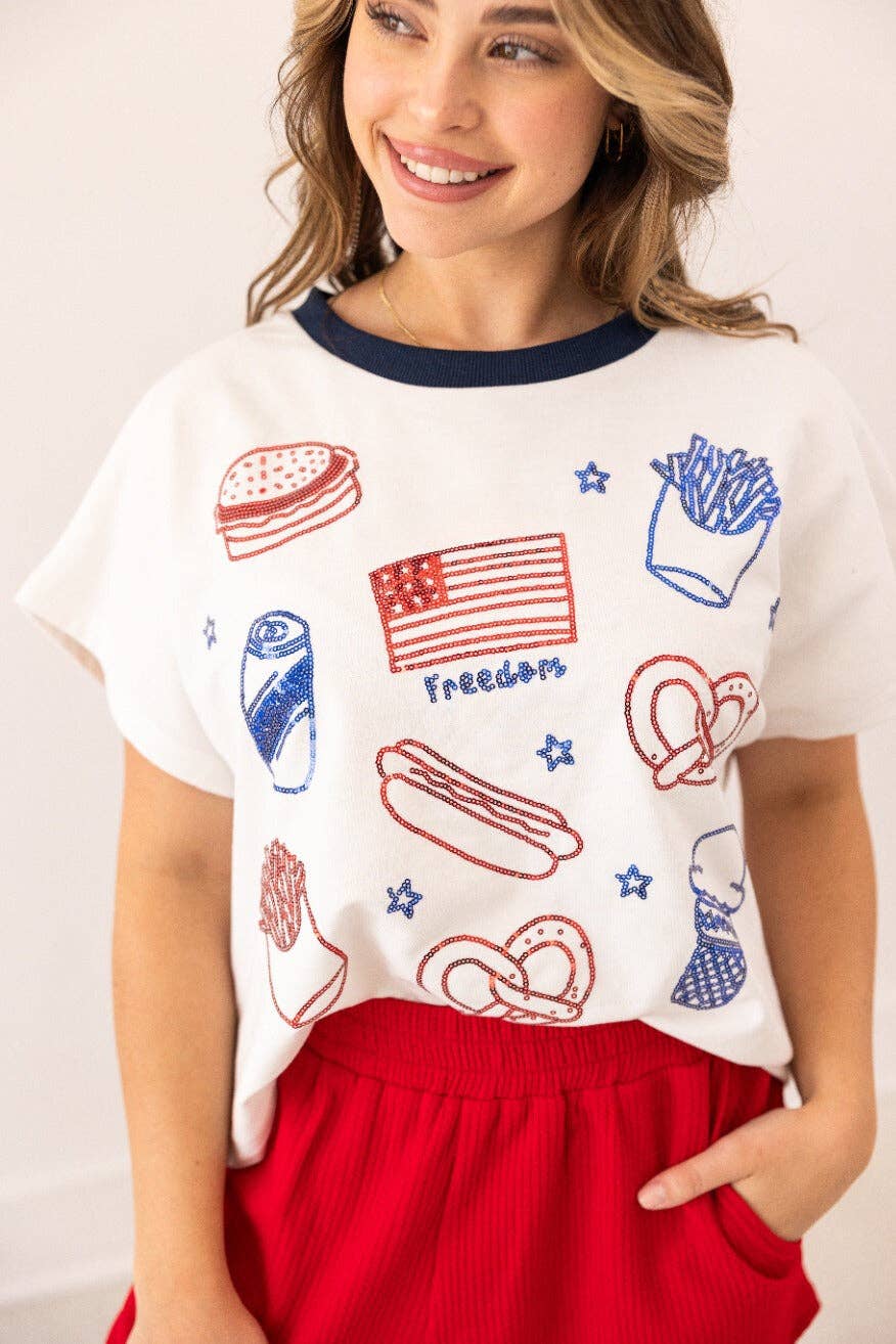 "Freedom" Sequin Embroidered Top: White