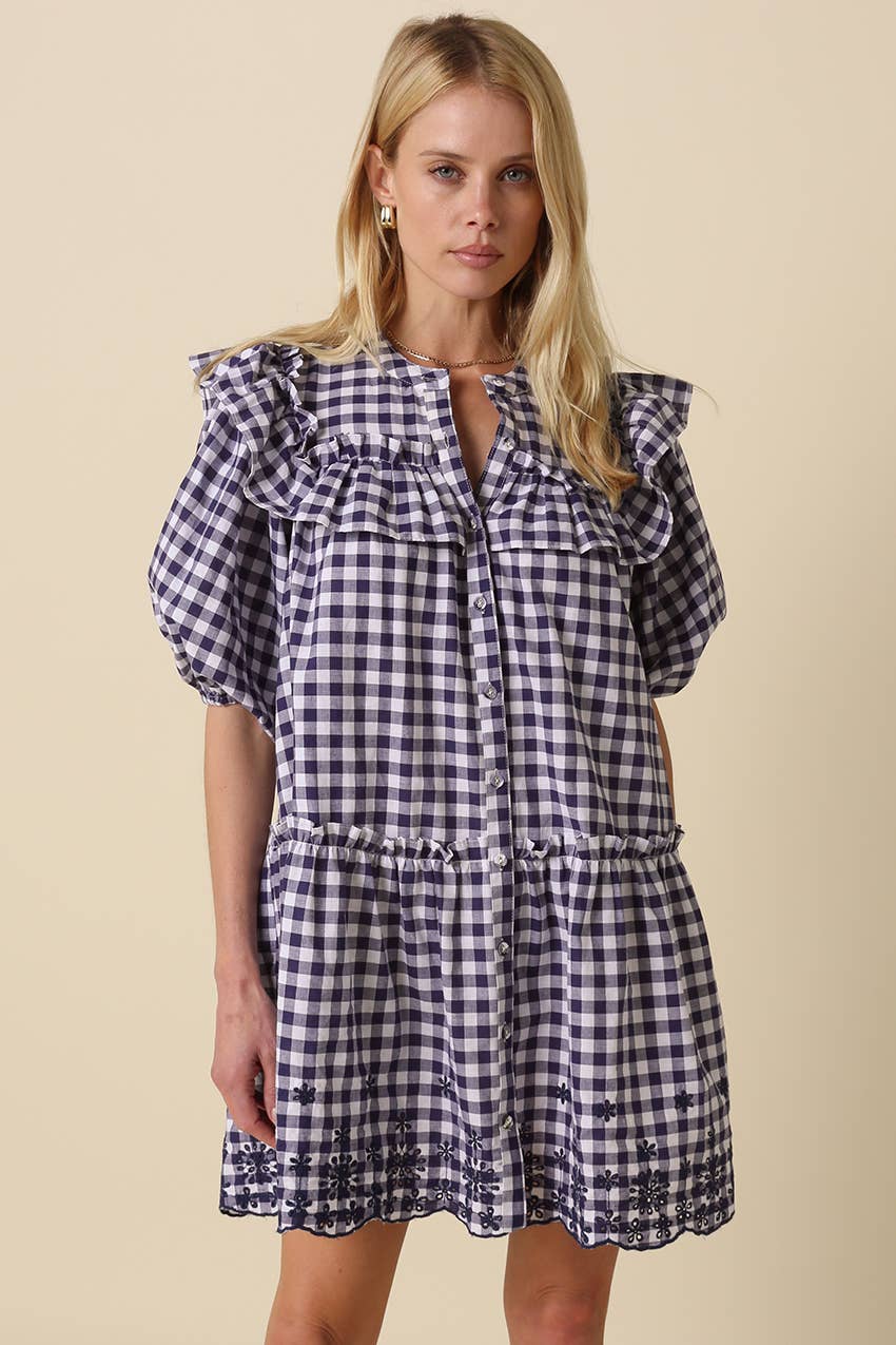 Sidney Gingham Ruffle Tiered Dress: White Navy