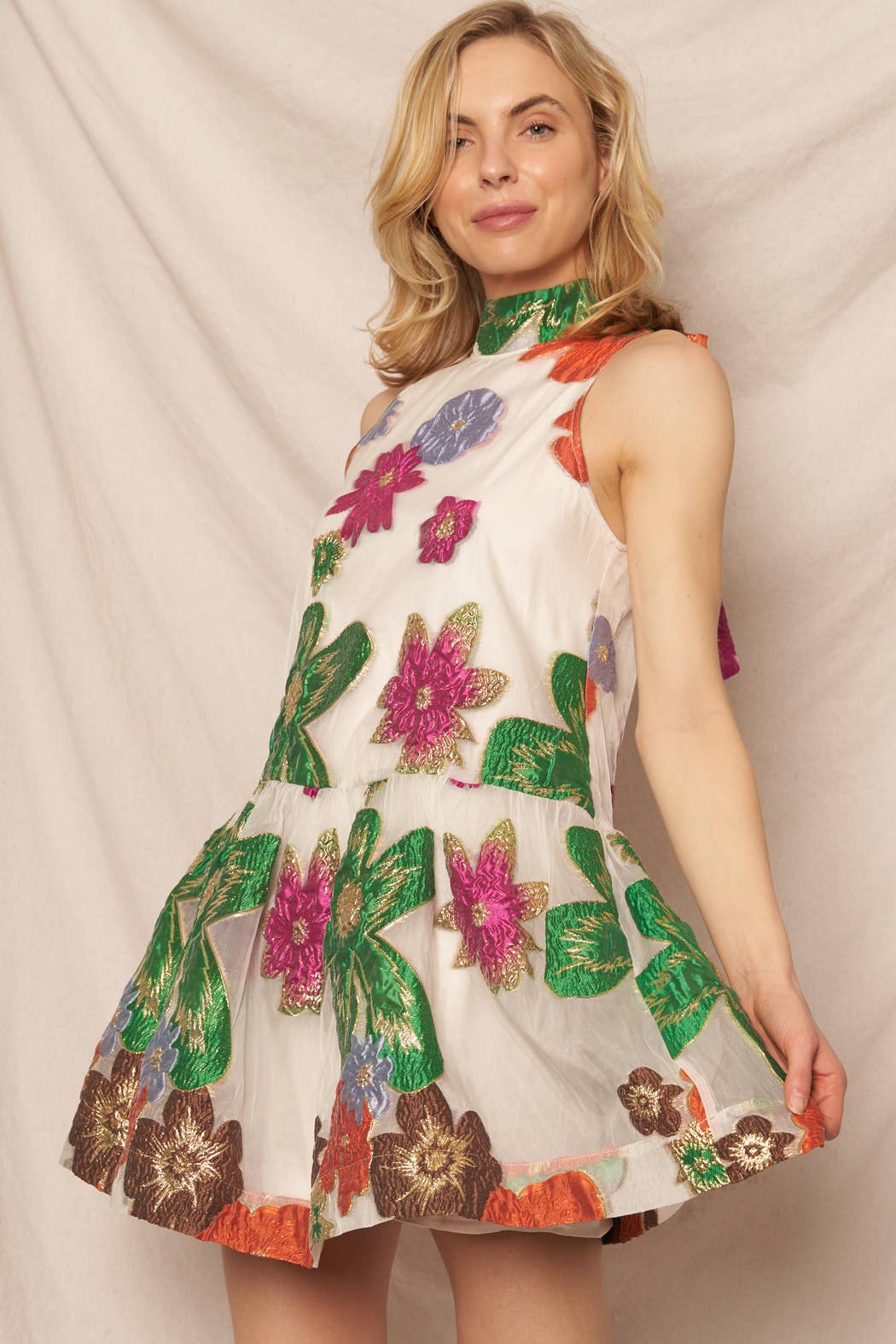 Halter Neck Floral Organza Mini Dress: Cream Multicolor