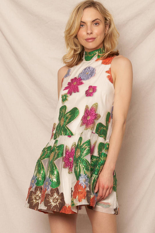 Halter Neck Floral Organza Mini Dress: Cream Multicolor