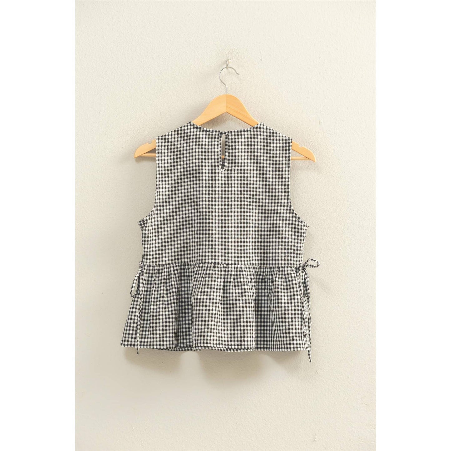 Gingham Sleeveless Peplum Top With Side Ties: BLACK
