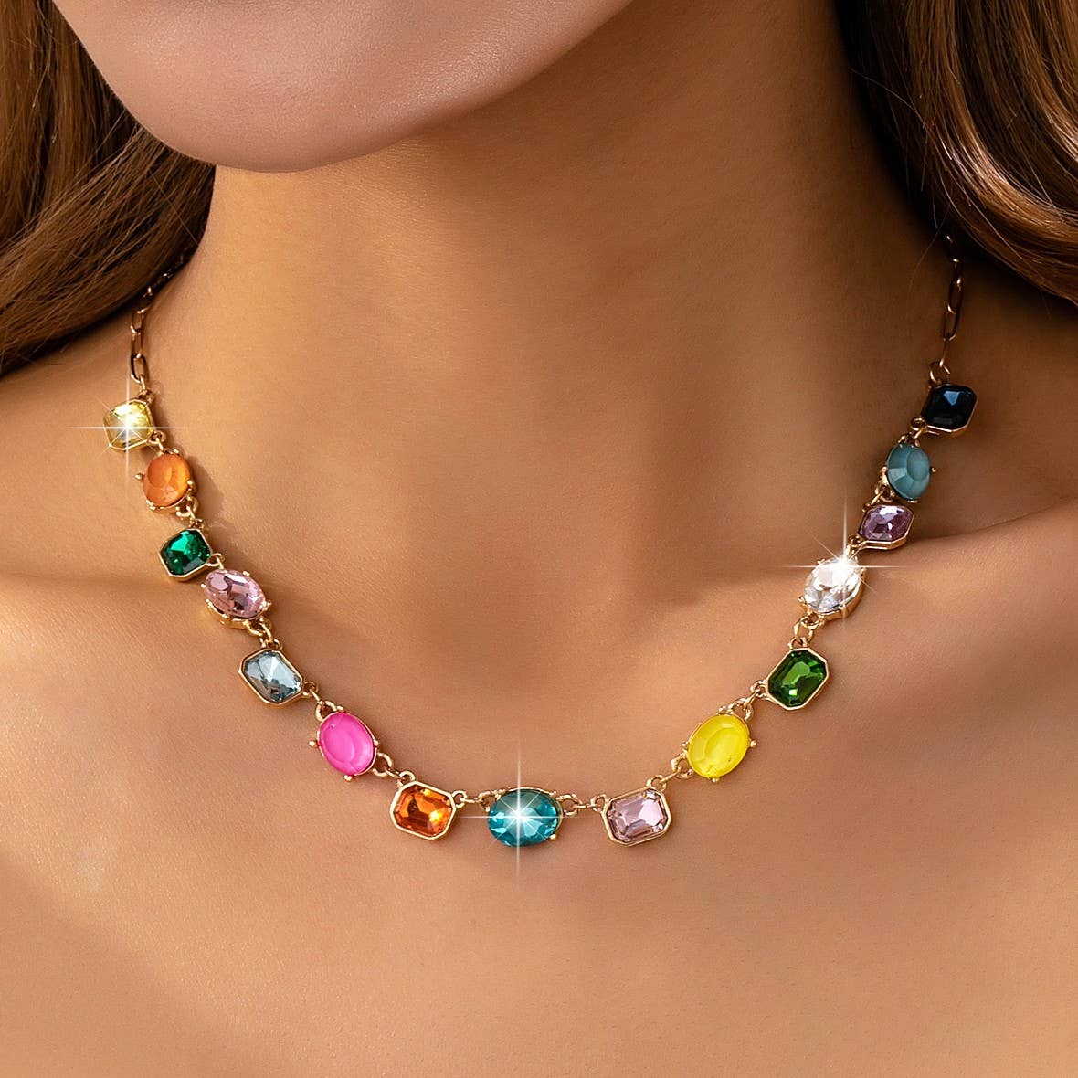 Multicolor Gemstone Link Necklace | Gold