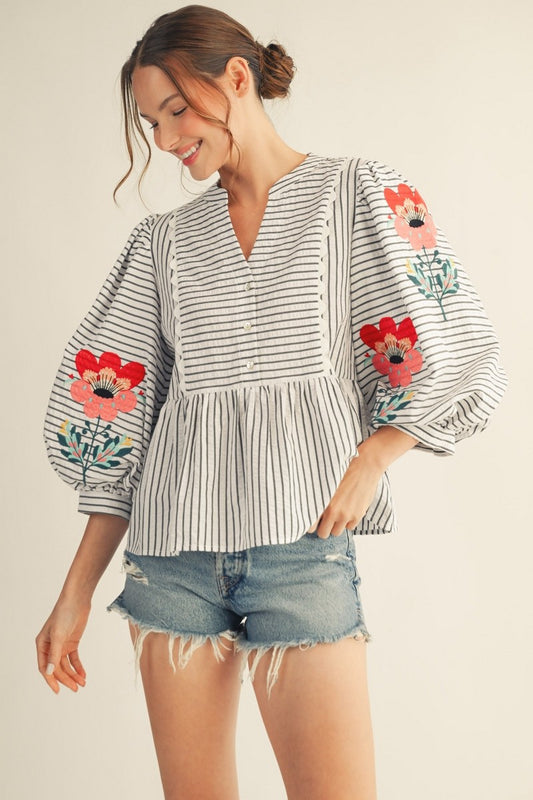 Embroidered Stripe Peplum Top