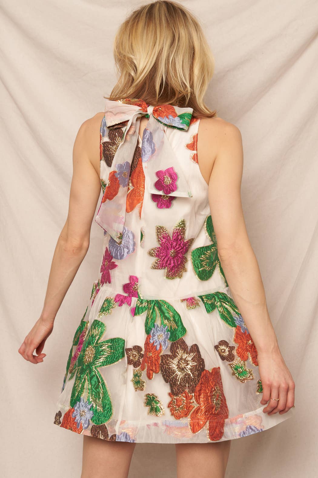 Halter Neck Floral Organza Mini Dress: Cream Multicolor