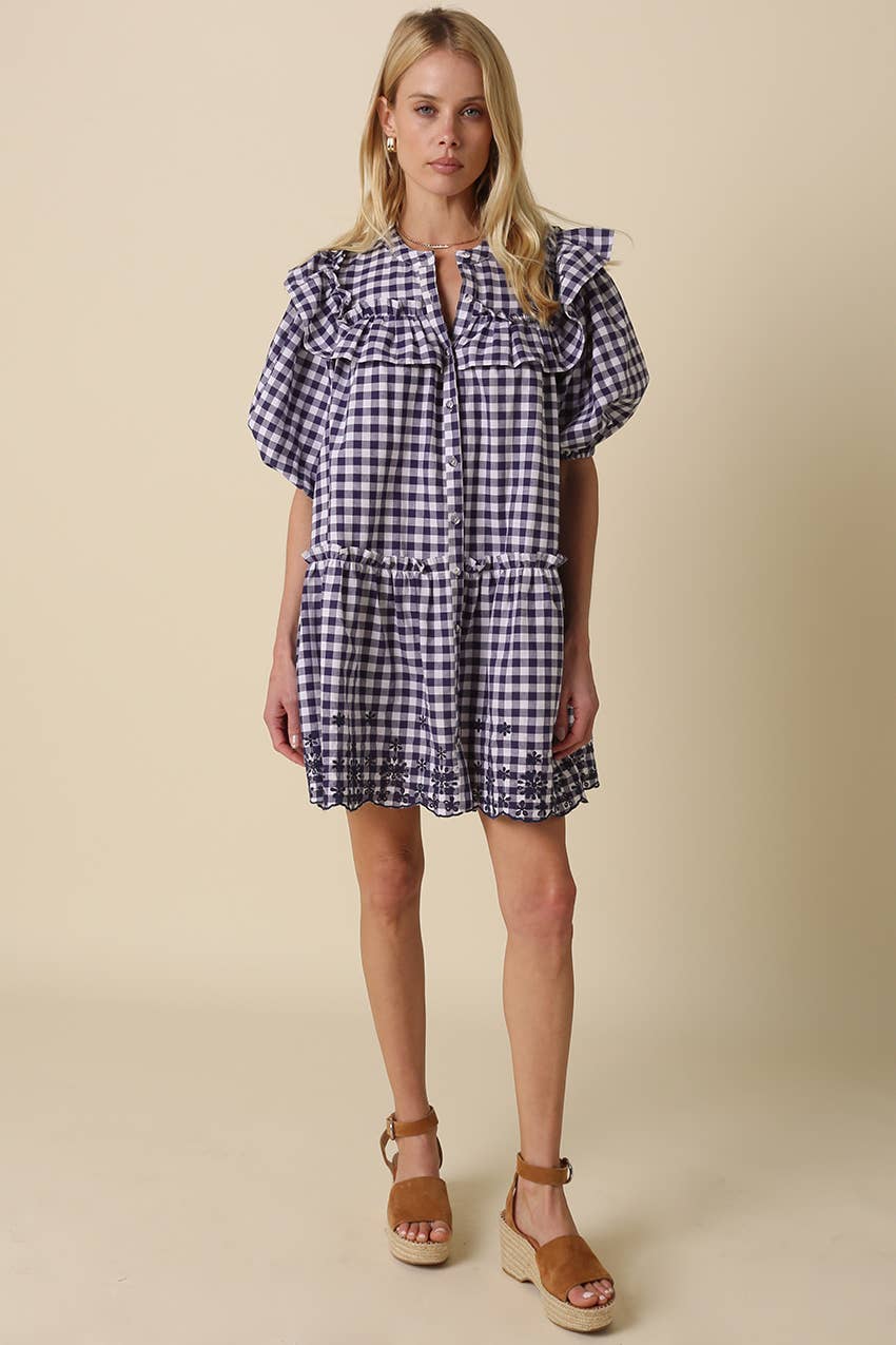 Sidney Gingham Ruffle Tiered Dress: White Navy