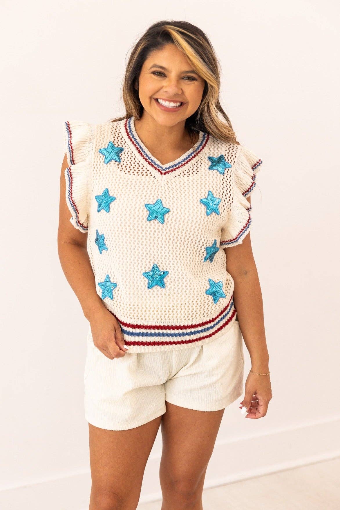 Knit Vest With Sequin Stars Patches: Beige