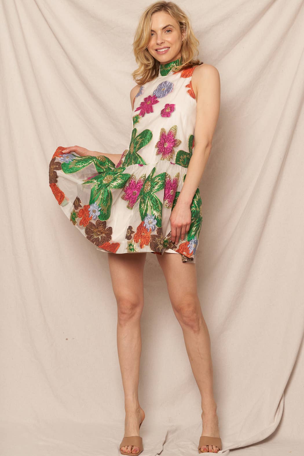 Halter Neck Floral Organza Mini Dress: Cream Multicolor