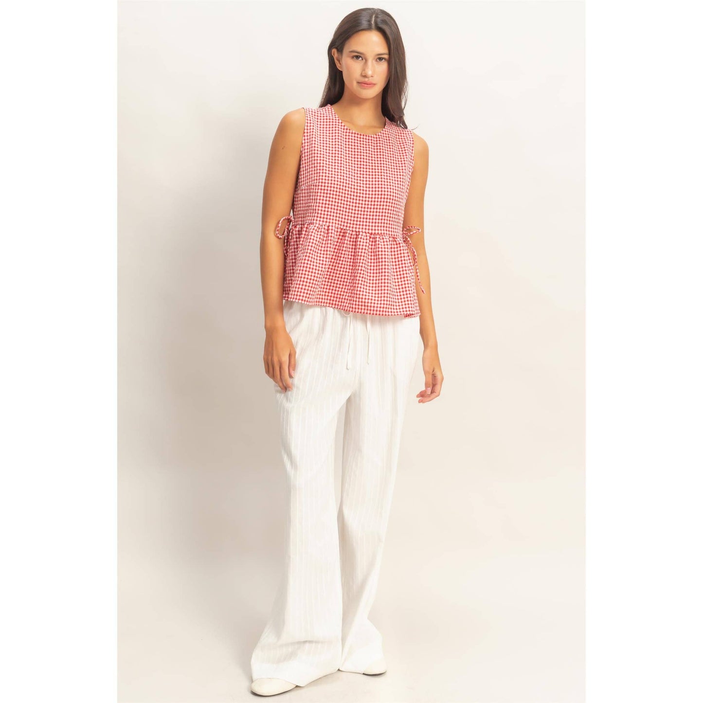 Gingham Sleeveless Peplum Top With Side Ties: RED