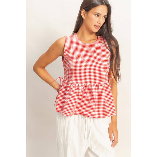 Gingham Sleeveless Peplum Top With Side Ties: RED