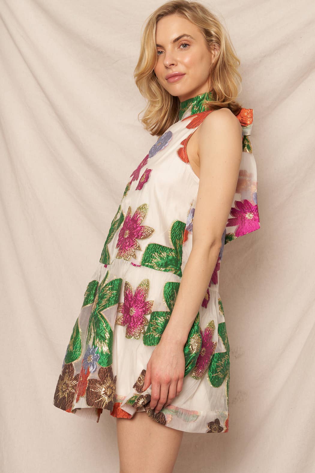 Halter Neck Floral Organza Mini Dress: Cream Multicolor