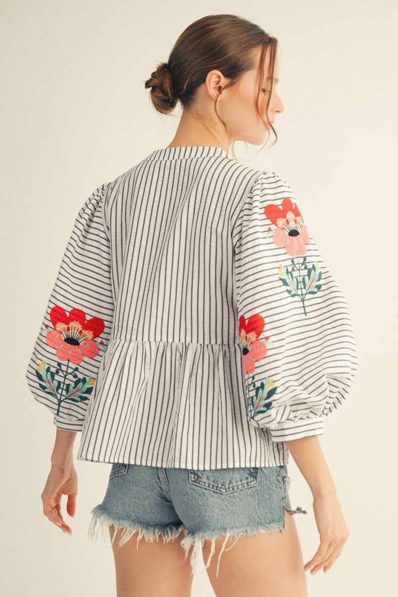 Embroidered Stripe Peplum Top