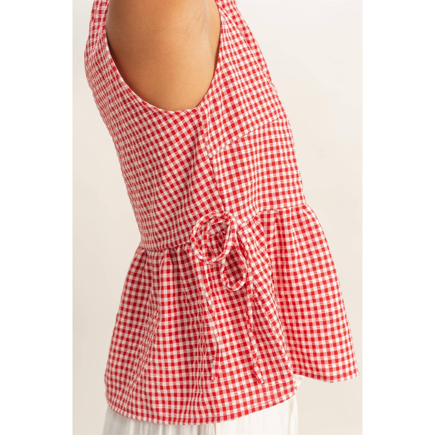Gingham Sleeveless Peplum Top With Side Ties: RED