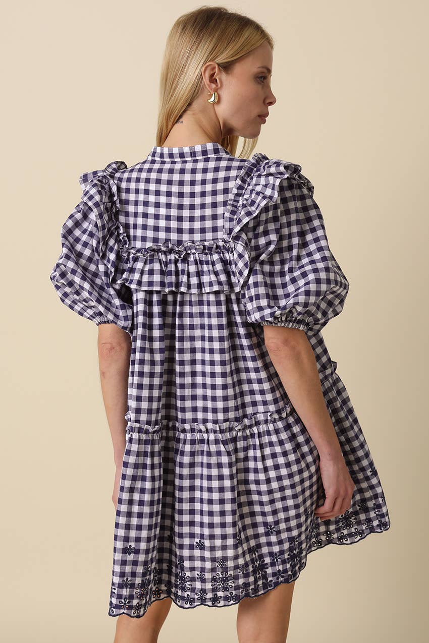 Sidney Gingham Ruffle Tiered Dress: White Navy