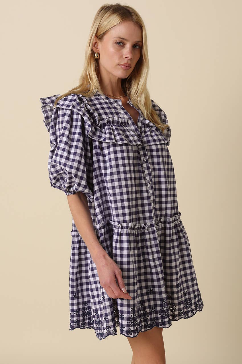 Sidney Gingham Ruffle Tiered Dress: White Navy