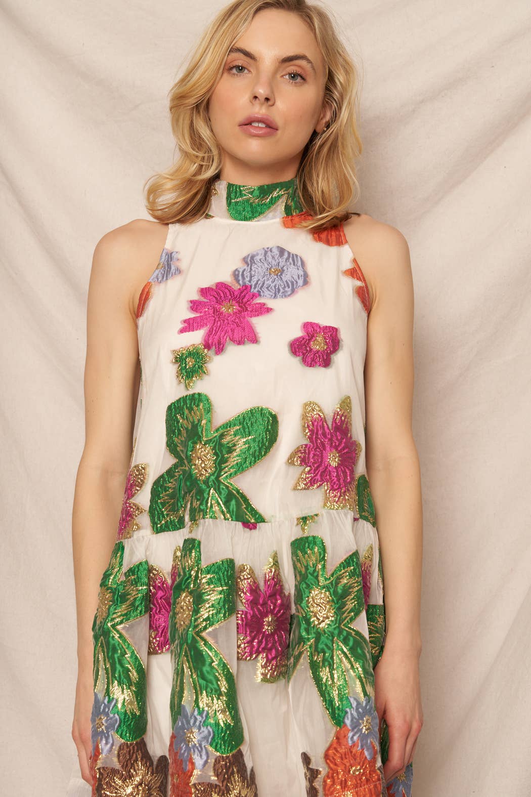 Halter Neck Floral Organza Mini Dress: Cream Multicolor