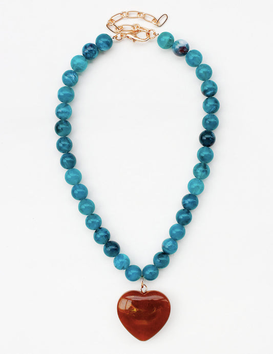 Blue Beaded Necklace - Brown Heart