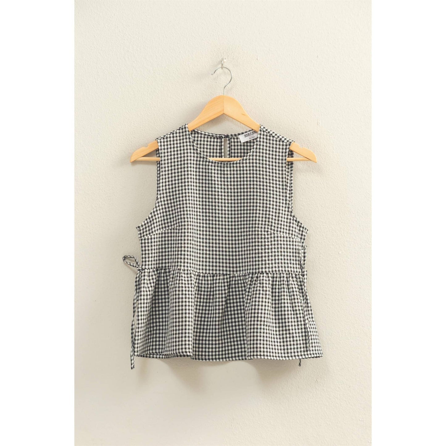Gingham Sleeveless Peplum Top With Side Ties: BLACK