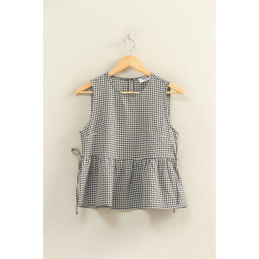Gingham Sleeveless Peplum Top - Black