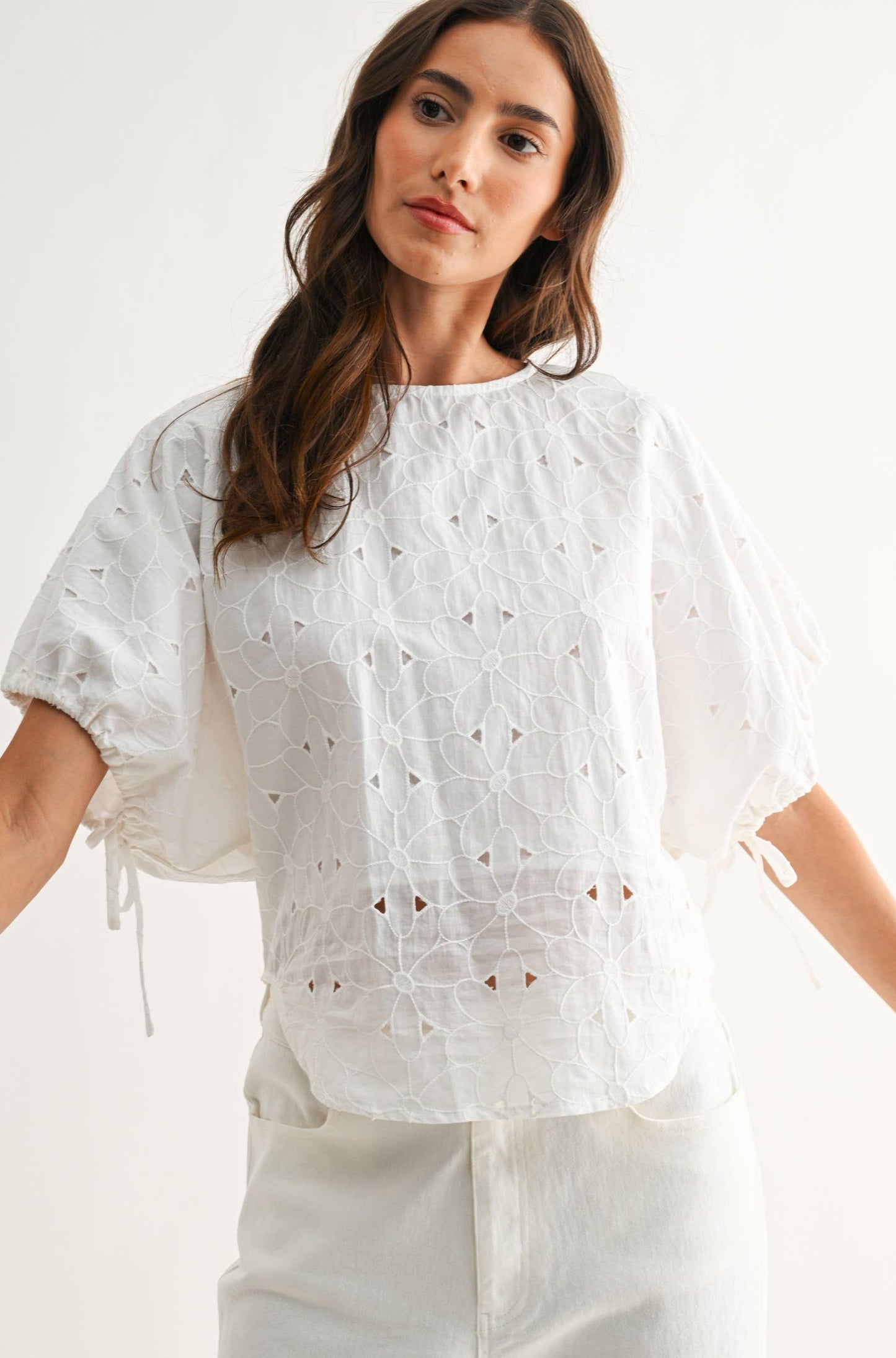 Embroidered White Cotton Blouse: OFF WHITE