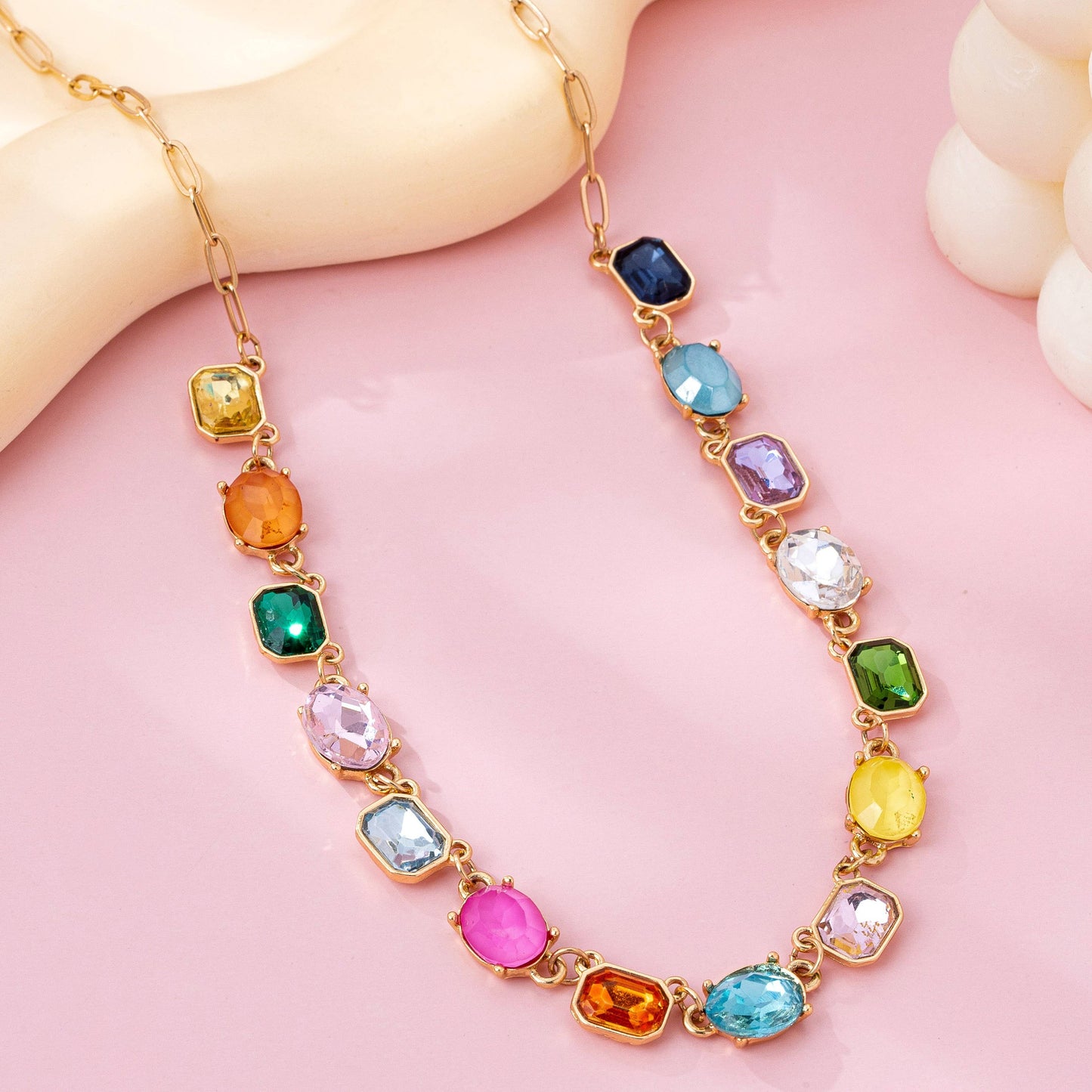 Multicolor Gemstone Link Necklace | Gold