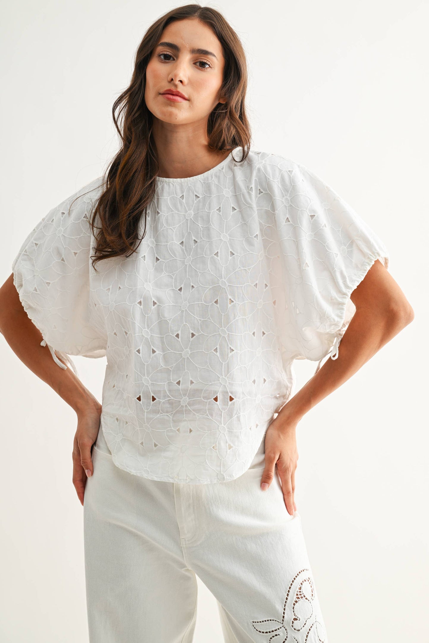 Embroidered White Cotton Blouse: OFF WHITE
