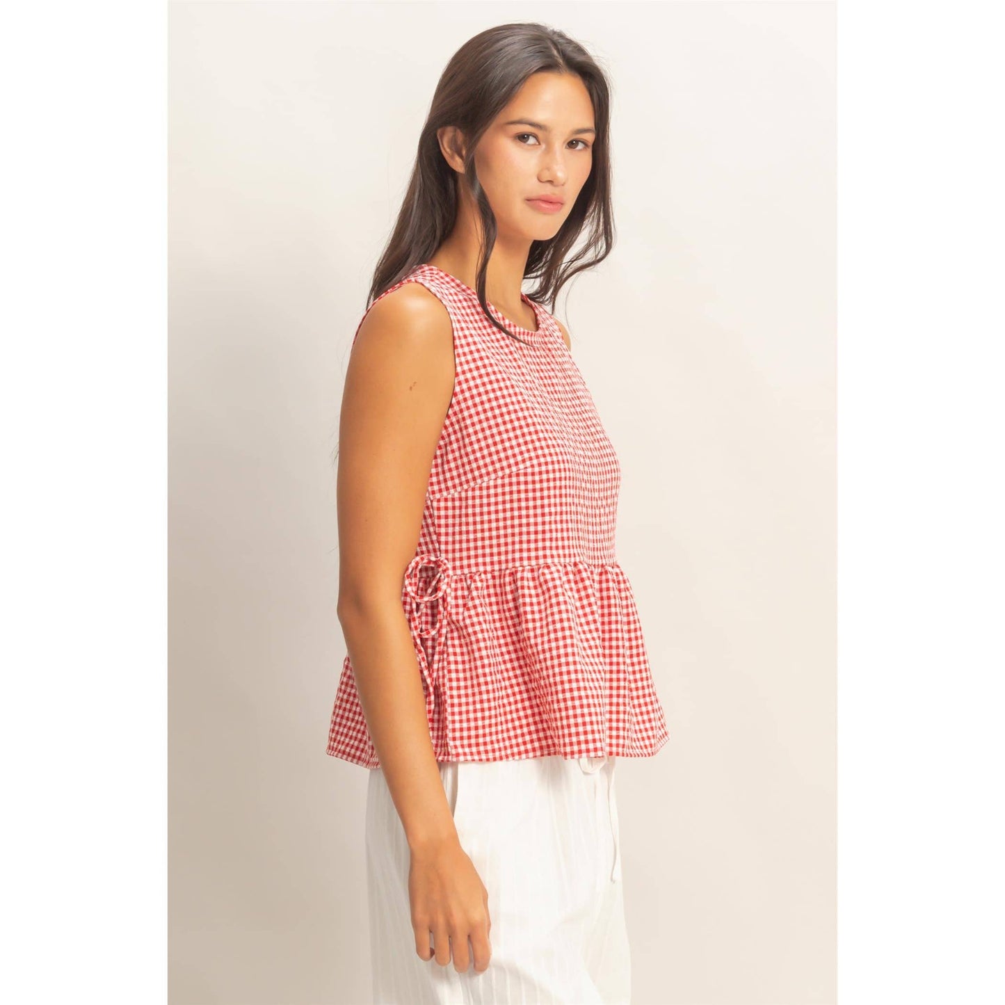 Gingham Sleeveless Peplum Top With Side Ties: RED