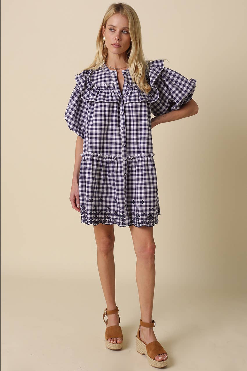 Sidney Gingham Ruffle Tiered Dress: White Navy