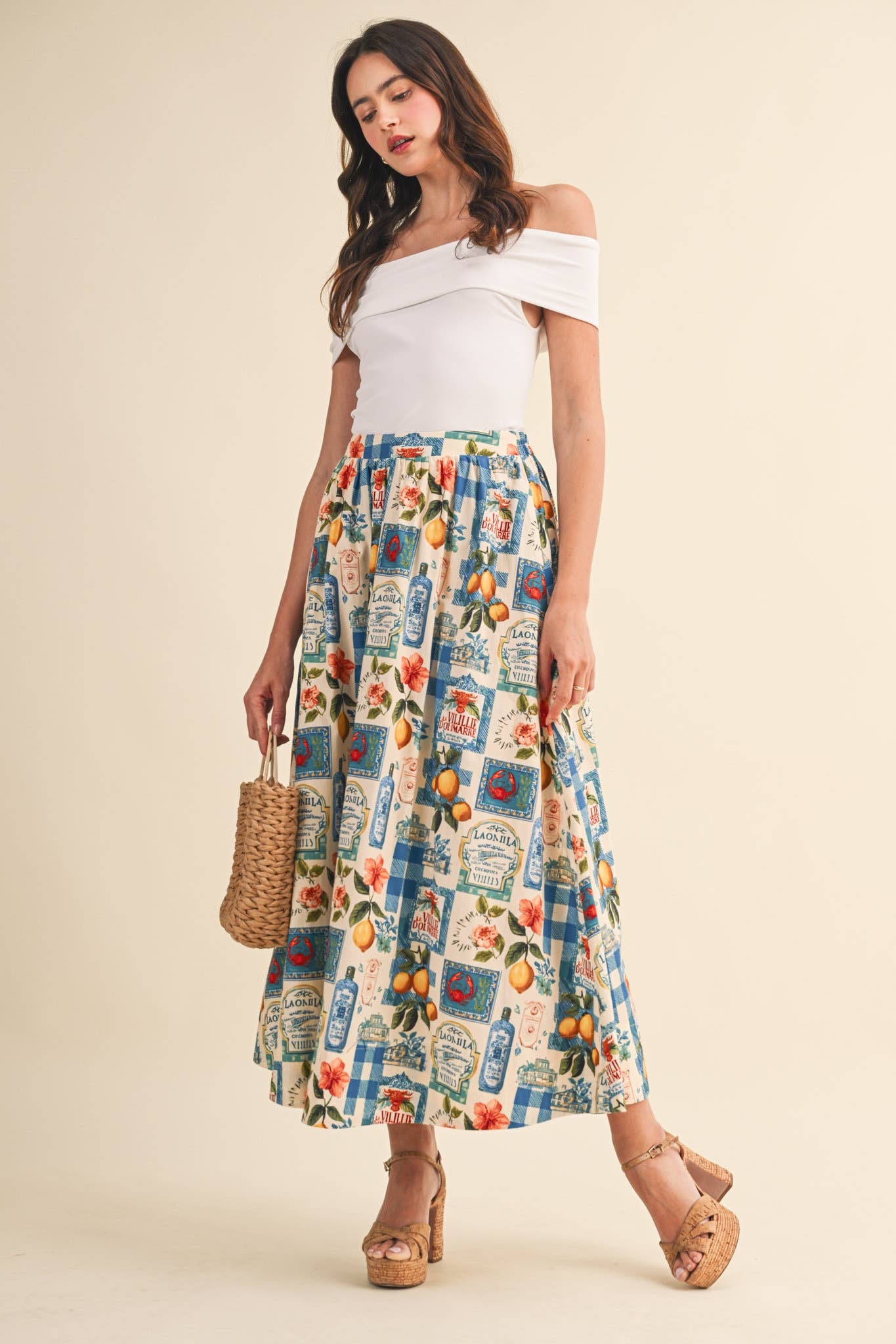 VINTAGE PRINT A-LINE MIDI SKIRT