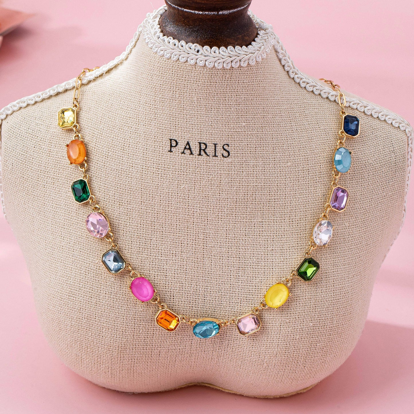Multicolor Gemstone Link Necklace | Gold