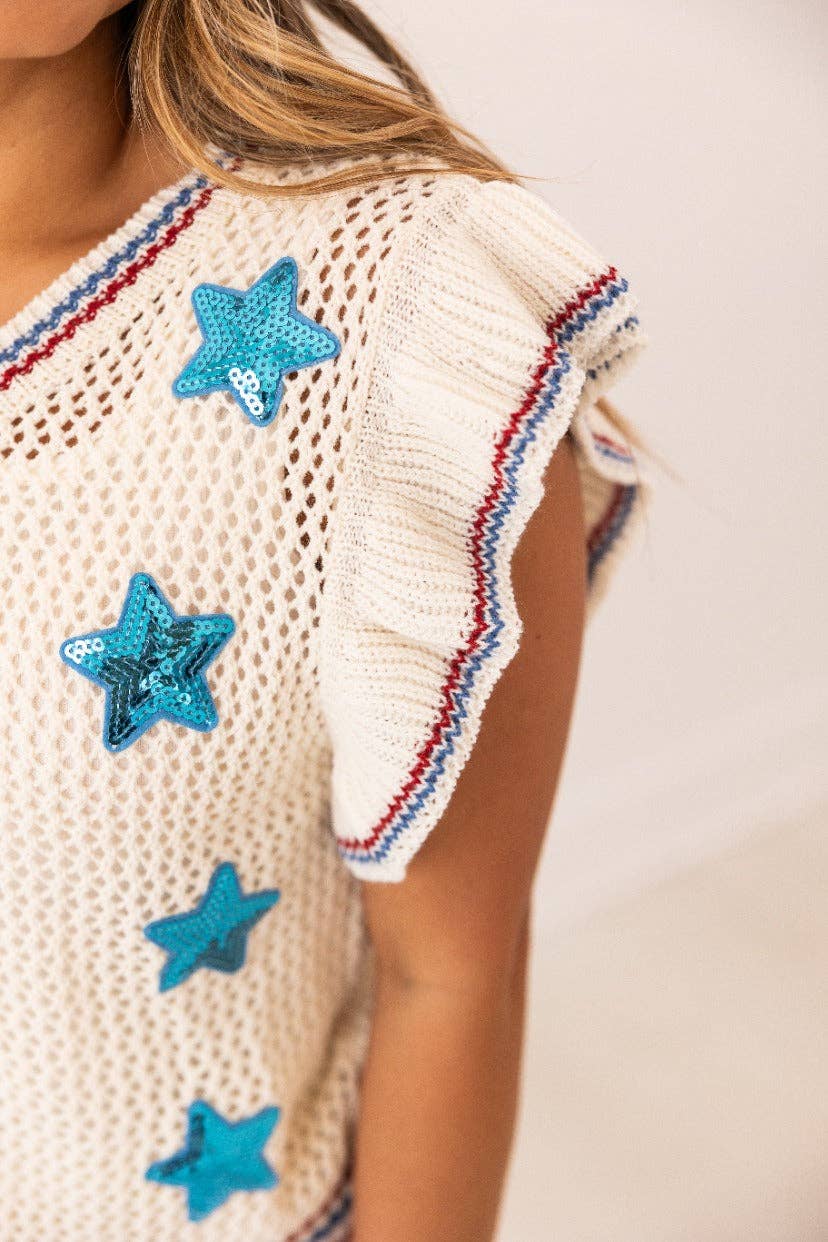 Knit Vest With Sequin Stars Patches: Beige