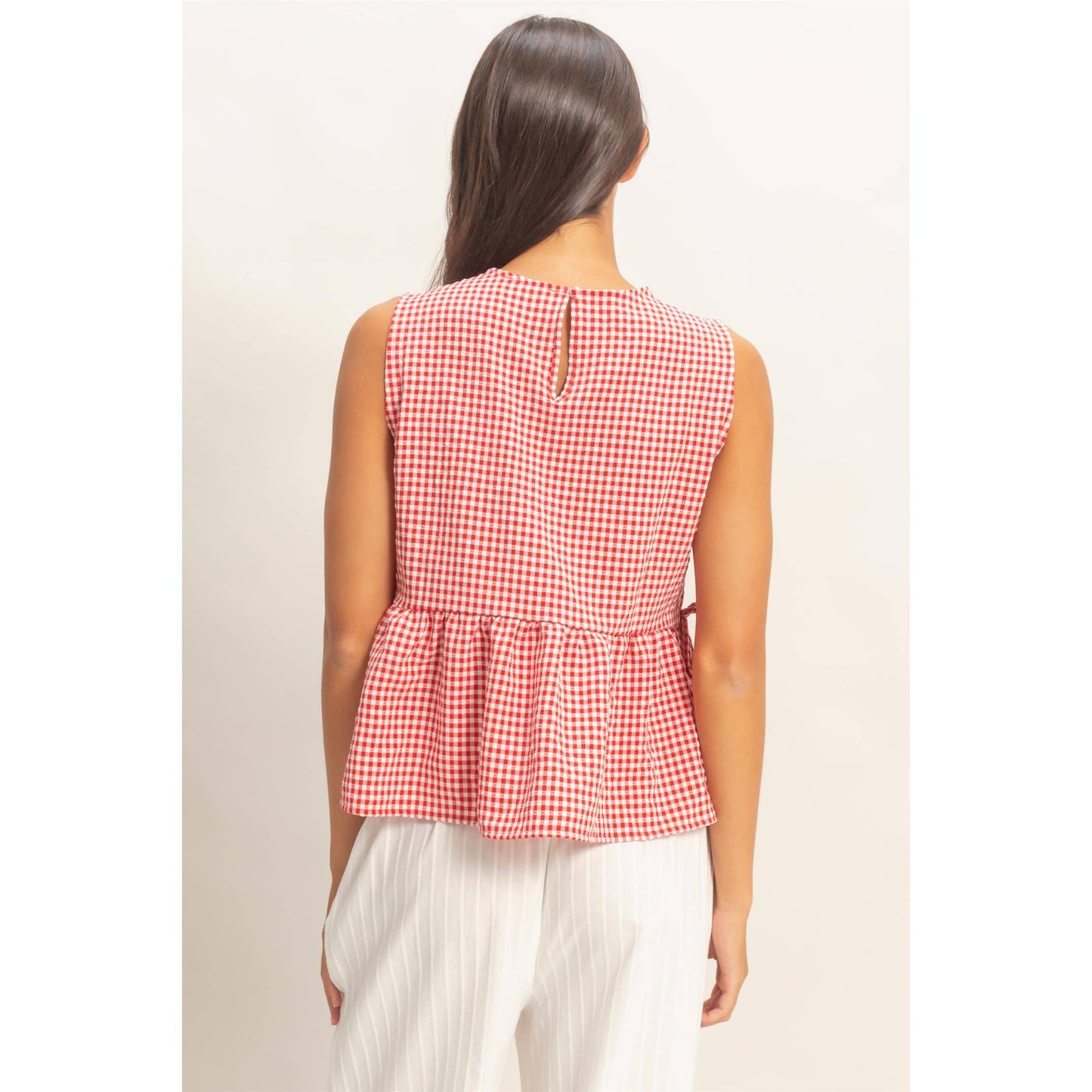 Gingham Sleeveless Peplum Top With Side Ties: RED