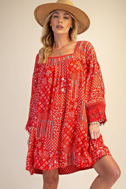 Easel | Red Print 3/4 Sleeve Dress