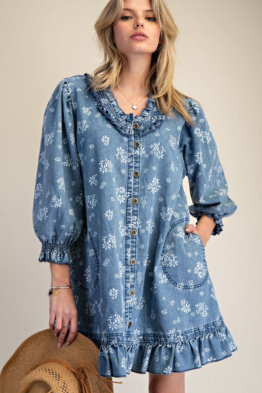 Easel | Floral Denim Dress