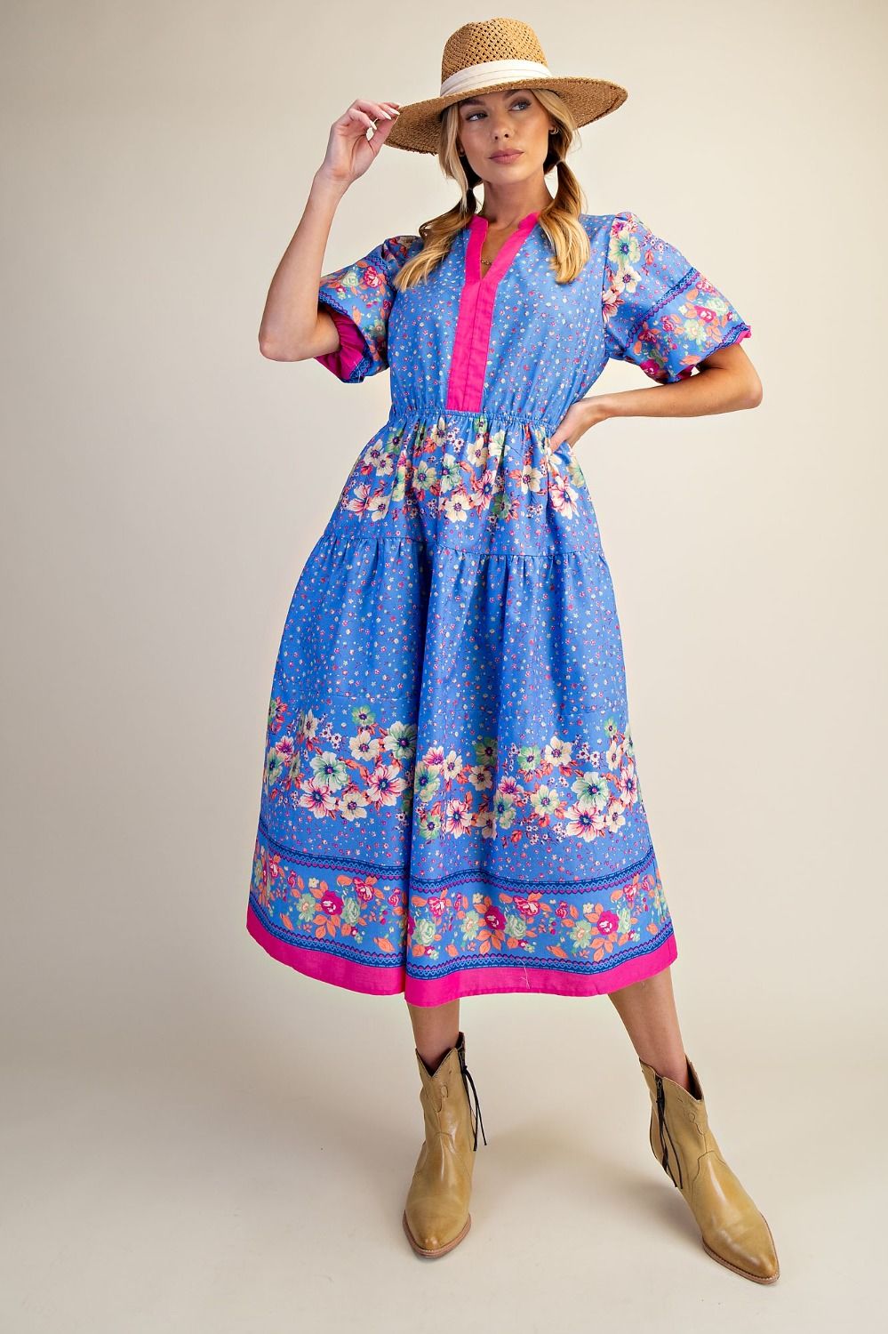 Easel | Blue Floral Midi Dress