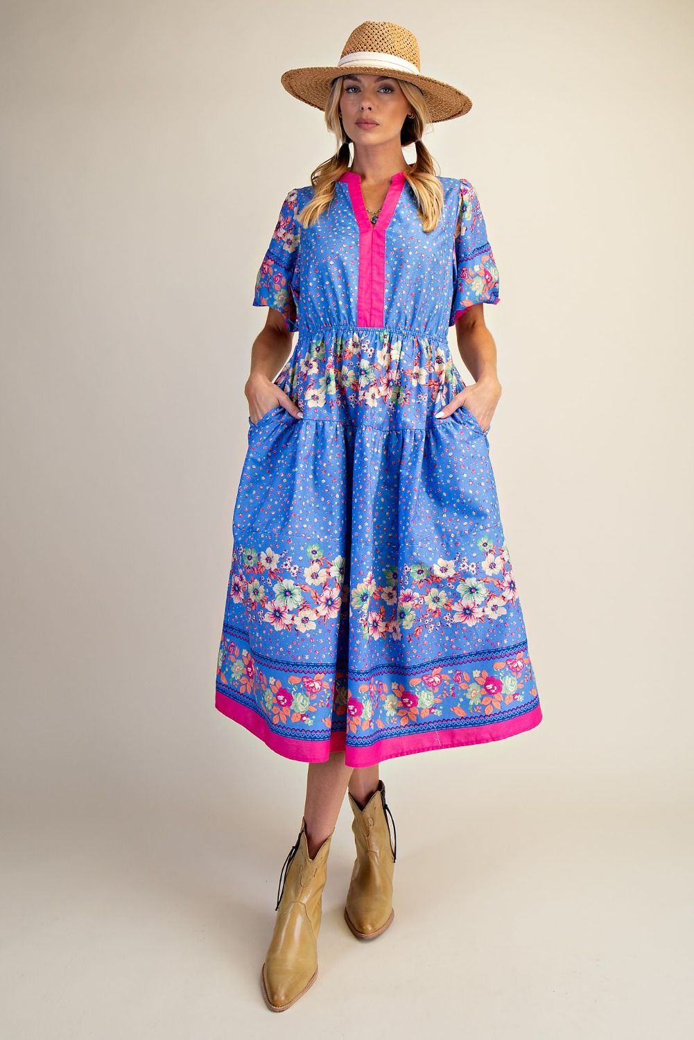 Easel | Blue Floral Midi Dress