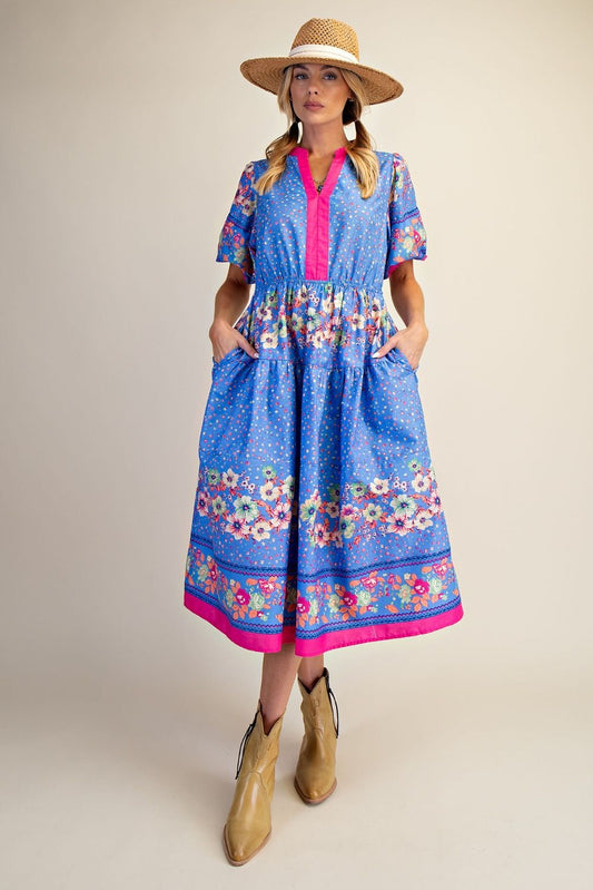 Easel | Blue Floral Midi Dress